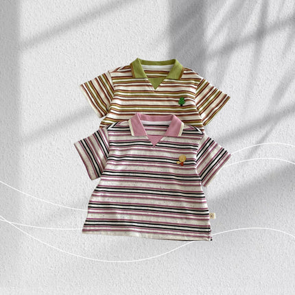 2026 Summer 6M-5Y Childrens Clothes Stripe Contracting Color Korean Style Girls Shirt Cartoon Embroidery Polo Shirt for Girls