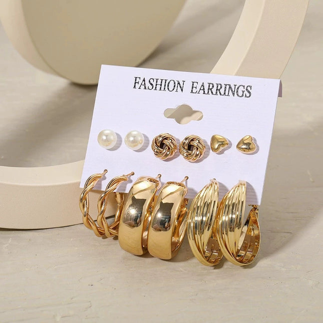 6 Pairs Fashion Geometric Hoop Earrings Set for Women Vintage Bohemian Pearl Gold Color Round Heart Stud Earring Punk Jewelry