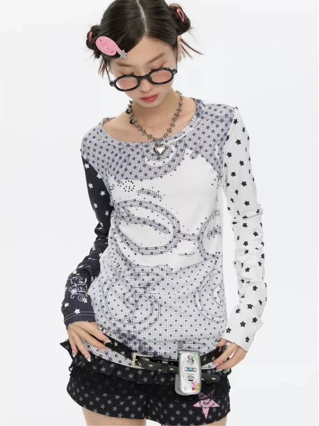 HOUZHOU Y2k Vintage Anime Juminocore Women T-Shirts Polka Dot Long Sleeve Japanese Harajuku Fashion Slim Tees Subculture Gyaru