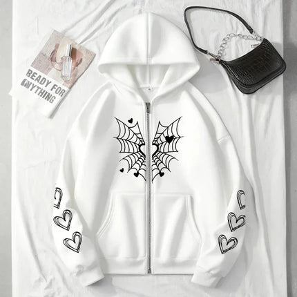 2025 Hot Sale Women's Hoodie Cute Spider Web Heart Print Zip-up Sweatshirt All Season Female Urban Casual Fashion Hooded Jackets