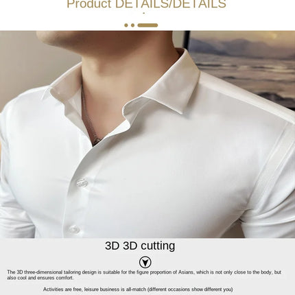 Seamless silk business casual shirt, long sleeved white non ironing elastic silk sliding cross shirt, men's formal wear