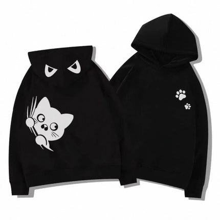 Black and White Cat Hat Print Pattern Print Autumn and Winter Fashion Casual Versatile Children's Top Hooded Sweatshirt