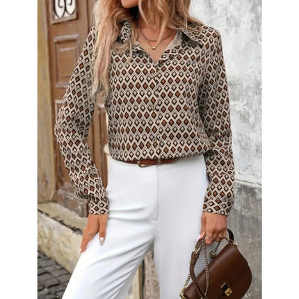 Plus Size 1XL-5XL  Women's Fashion All Season Geometric Printed Button Up Blouse Shirt Women Casual Long Sleeved Lapel Shirt