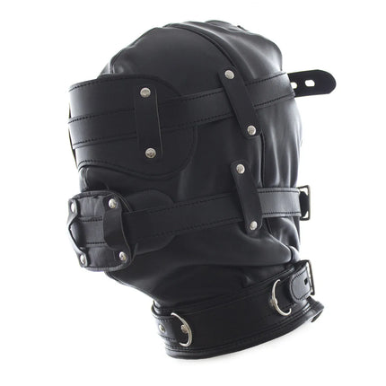 PU Leather BDSM Bondage Hood Sensory Deprivation Mask With Blindfold Removable Dildo Gag Lockable Head Harness Sex Toys  Couples