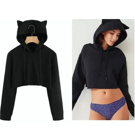 Cropped Short Belly Hoodie Pullover Cat Ear Cute Hooded Sweatshirt Solid Spring Casual Crop Top Coat For Women