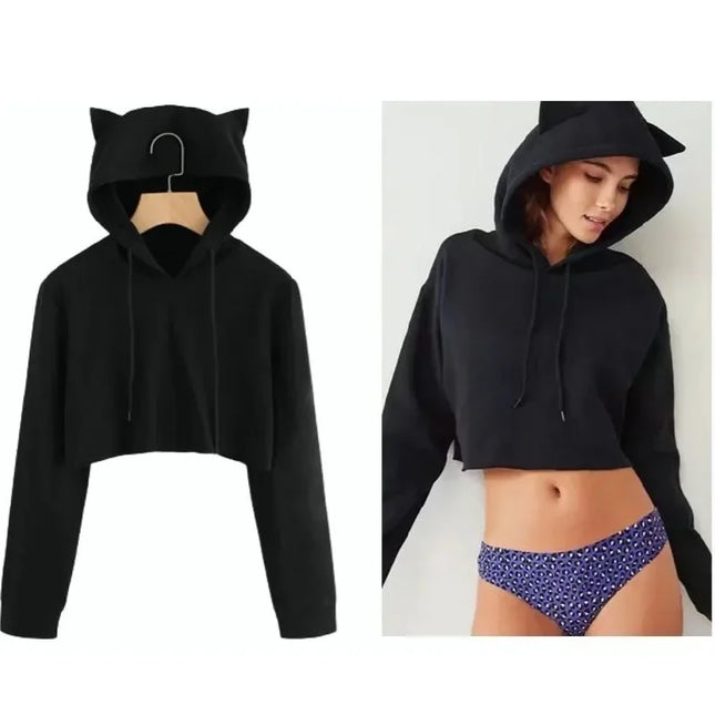 Cropped Short Belly Hoodie Pullover Cat Ear Cute Hooded Sweatshirt Solid Spring Casual Crop Top Coat For Women