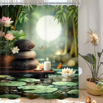 Pink Shower Curtain Bible Verse Scripture Christian Zen Stone Spa Meditation Relaxing Lotus Peach Blush Cloth Fabric Waterproof