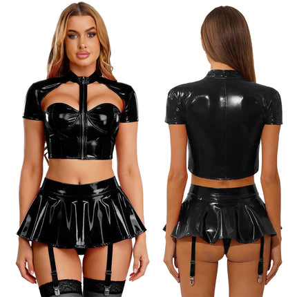 Womens 2 Piece PU Leather Rave Outfits Wet Look Cut Out Underwired Crop Top with Flared Miniskirt Nightclub Pole Dance Costume