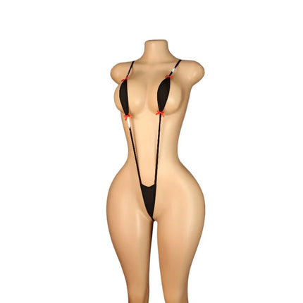 Adjustable Strappy Teddy Bodysuit for Women Black Lingerie with Red Accents Backless Design Semi-Sheer Sexy Adult Apparel