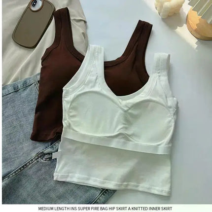 Women's Vest One-Piece No Steel Ring Cotton Chest Pad Wide Shoulder Sports Yoga Vest Underwear Black White Bra Tank Top Women