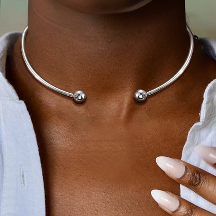 Stainless Steel Solid Ball Necklace for Women Punk Silver Color Adjustable Opening Necklace Bracelet Jewelry Accessories Gift