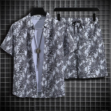 Hainan Island Beach Shirt Men's Set Sanya Travel Hawaii Large Size Floral Print Five-Quarter Pants Short Sleeve Casual Shirt