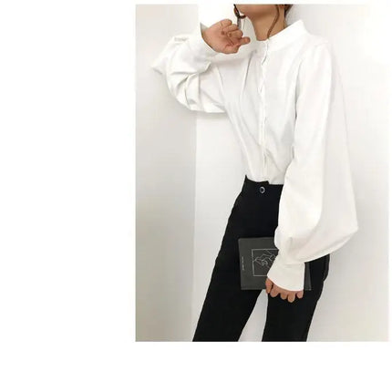Spring Fashion Women Solid Stand Collar Casual Elegant Fashion Women's Top Clothing Blouse Shirt Lantern Long Sleeve Women's Shirts