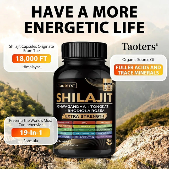 Shilajit Supplement with Sea Moss, Ashwagandha, Magnesium & Zinc - 19-IN-1 Organic Capsules, Plant-Based, Non-GMO