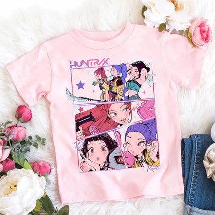 2026 New Style Korean-style Demon Hunter Printed Cotton Fashion Casual Round-neck Cartoon Girls' T-shirt for Summer