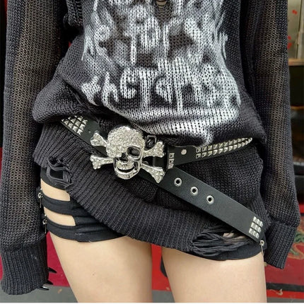 Silver Skull Buckle Women's Belt Hip Hop Punk Y2k Girls Black Pu Pin Buckle Girdle Goth Retro Jeans Accessories Rivet Waistband