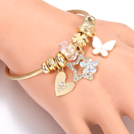 New Trendy 4 Colors Heart Shape Painted Pendant Closure Beaded Bracelet Golden Stainless Steel Women Bracelet 2025 Charm Jewelry
