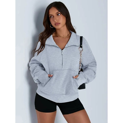 Autumn and winter women's long-sleeved top with a half-zipper loose design, casual long-sleeved sporty versatile sweatshirt