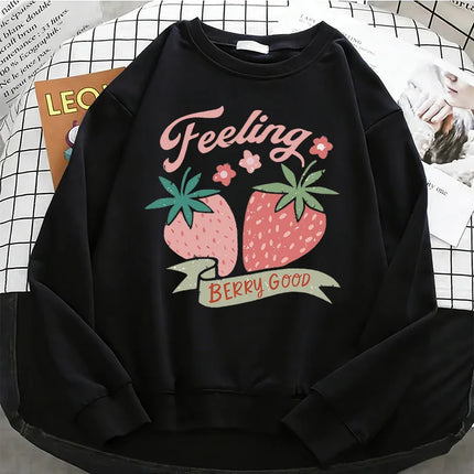 2026 Fashion Strawberry Womens Hoodies Basic Warm Fleece Sweatshirt Soft Y2k O-Neck Pullover Casual Female Clothes