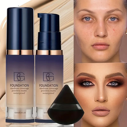 2pcs Face Makeup Set, Includes a Bottle of All in One Foundation and a Black Triangular Powder Puff