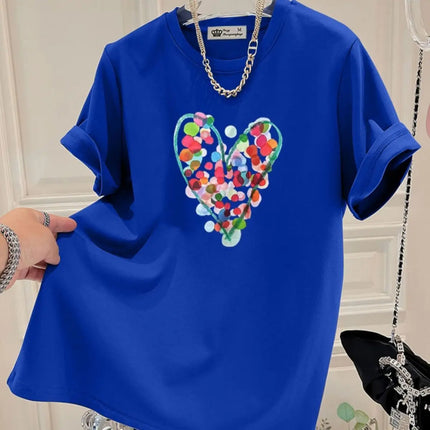Summer Fashion Hand-Painted Polka Dot Printing T-shirts Women Pure Cotton O-neck Short Sleeve Top Tees Casual Loose Pullover