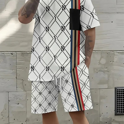 2025 Summer Men's Clothing Letter Print Short Sleeve Top Men's Elastic Waist Shorts 2-piece Set Plus Size T Shirts Shorts Set