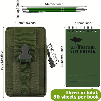 5pcs Waterproof Notebook and Pen Set with Pocket Tactical Notebooks,  1 Metal Pen and a Fabric Case for Outdoor Activities