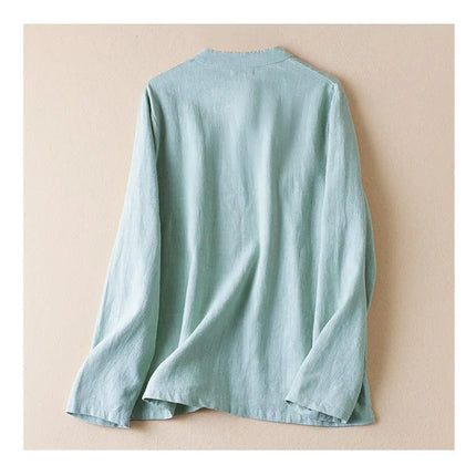 Retro Artistic Women's Long Sleeve Cotton Linen Loose Slim Fit Shirt Stand Collar Side Button Geometric Pattern Elegant Style