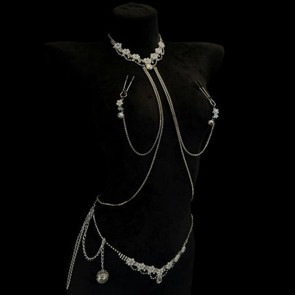 Erotic Pearl Nipple Clamps, Body Chain and Collar All-in-One SM Massage Nipple Body Decoration Adult Toy Breast Sex Toy nippel