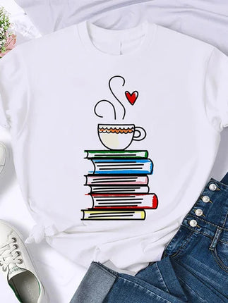 Coffee Books Brown books American retro T-shirt woman round neck half sleeve T-shirt printed T-shirt top woman oversized