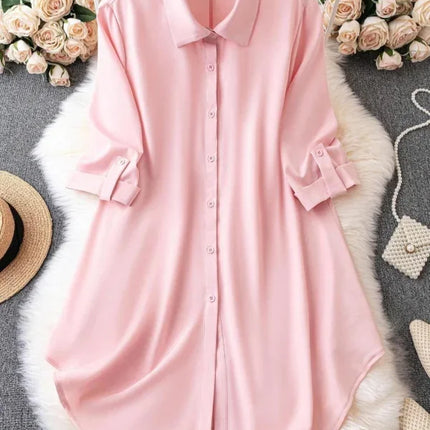 Plus Size 1XL-5XL Fashion Women‘s   Turn-Down Collar Blouse Ladies Button-Up Casual Chic Solid Color Roll-Up Sleeves Top Shirt