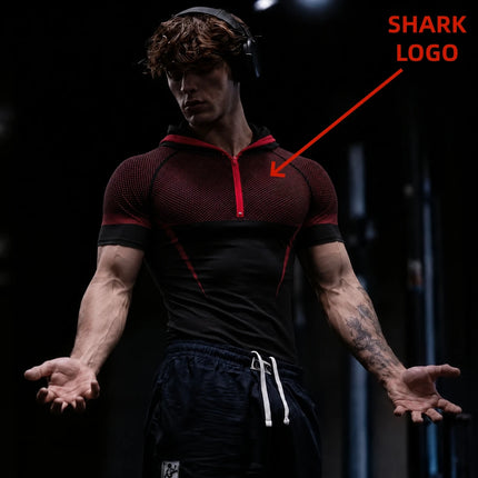 GYM ONYX V5 hooded T-shirt, SHARK silicone logo fitness suit, outdoor sports training top, running fitness hooded short sleeved