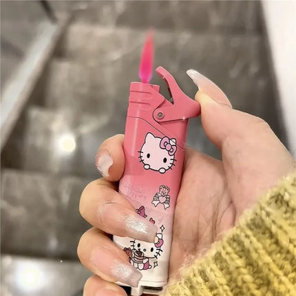 New Butane Gas Lighter Hello Kitty Inflatable Lighter Pink Flame Metal Lighter High Beauty Gift Small Gift
