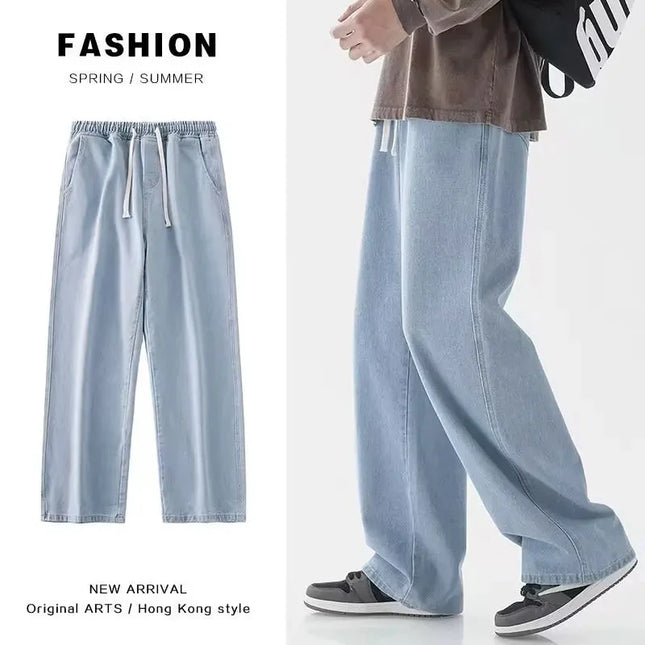 2026 New Streetwear Loose Jeans Men Korean Style Fashion Loose Straight Wide Leg Pants Men's Brand Clothing Black Light Blue