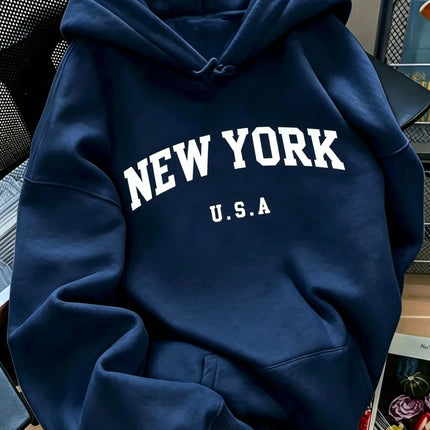 Men Women New York USA Graphic Hoodie  Loose Sweatshirt Vintage Streetwear Casual Soft Fleece Hooded Pullover Autumn Daily Wear