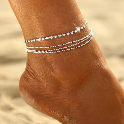 Silver Color Crystal Zircon 3 Rows Beads Anklet for Women New Fashion Chain Multilayer Rhinestones Foot Crystal Jewelry
