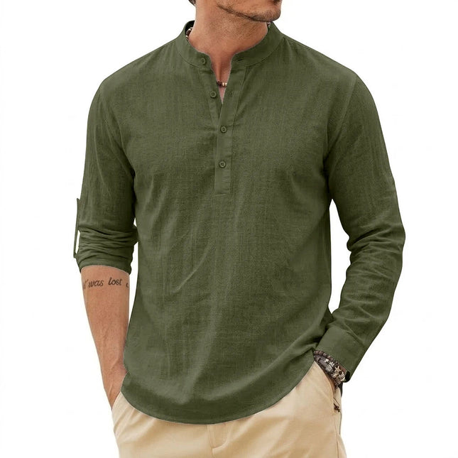 Fashion Mens Linen Shirts Luxury Henley Casual T-Shirts Long Sleeve Cotton T-Shirts Beach Hawaiian Summer Shirt for Men Gym Man