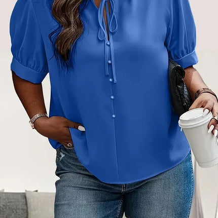 Plus Size 1XL-5XL Women Fashion Solid Color Buttons Blouse Ladies Casual Tie-Neck Short Sleeve Blouse Women's Plus Size Clothing