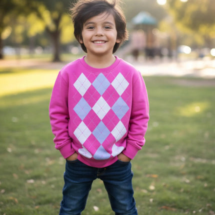 Kids' Fall/Winter Fashion Staple: Pink Diamond Round Neck Hoodie, Blending K-POP and Preppy Style, Versatile and Comfortable