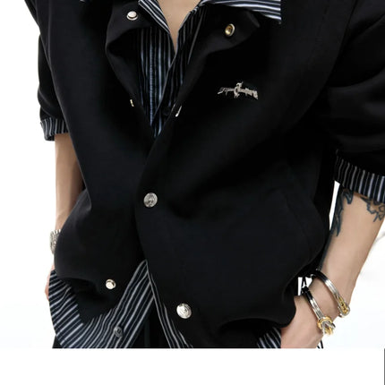 American Sle Slim Fit Striped irt Fake Two-Piece Patchwork Sweatirt Set Turn-down Collar Simple Thin Casual Jaet