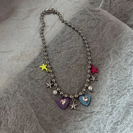 Boho Kpop Colorful Sugar Star Tassel Pendant Choker Necklace for Women Sweet Love Heart Chain Aesthetic Y2K Jewelry Accessories