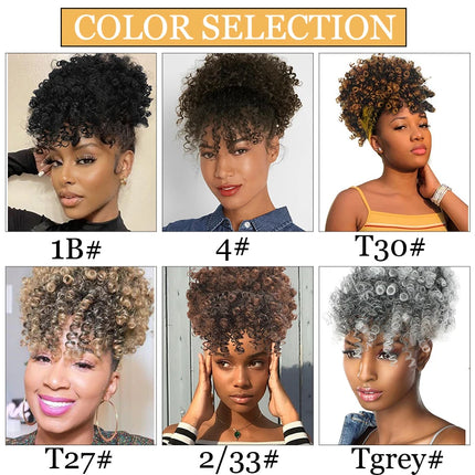 Drawstring Ponytail for Black Women, Afro Puff Kinky Curly Synthetic Hair Ponytail with Bangs Updo Natural Hair Ponytail