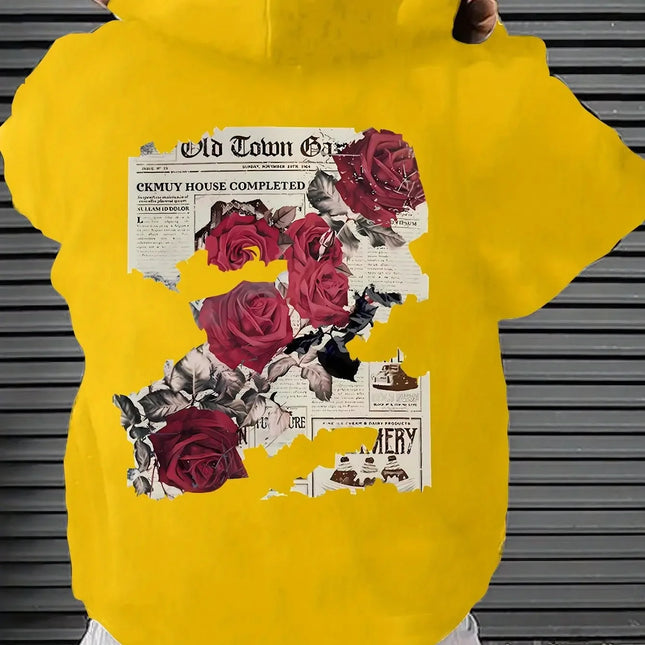 Oversized Unisex Heather Gray Hoodie Vintage Newspaper Red Rose Back Print 2026 Spring Autumn Korean Ulzzang Y2K Viral Street