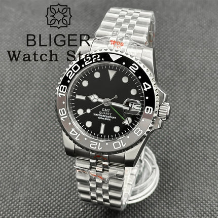 BLIGER 40mm 515 24H GMT Men's Watch Stainless Steel Clasp Luminous Quartz Movement Ceramic Bezel Sapphire Glass 10Bar Waterproof