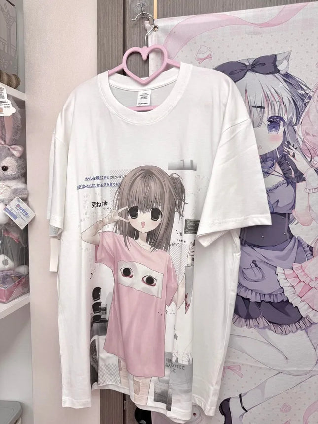 Kimutomo Women T Shirts Sweet Cartoon Printed Short Sleeve Loose Vintage Y2k Aesthetic Harajuku Tops Female Fashion Casual