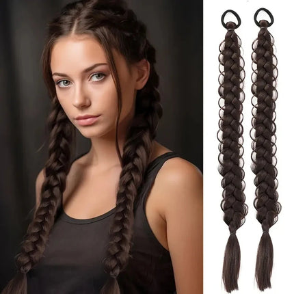 2pcs Long Braided Ponytail for Women Straight Wrap Around Braid Ponytail Extension Synthetic Braids Horse Tail with Rubber Band