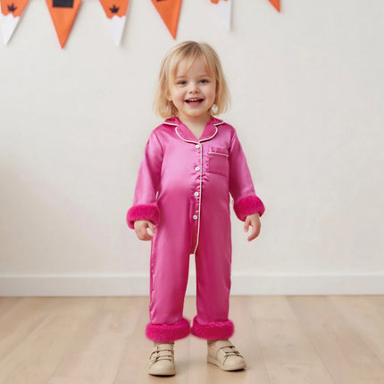 Pudcoco Baby Girl Satin Pajamas Contrast Trim Fur Trim Button Down Lapel V Neck Long Sleeve Romper