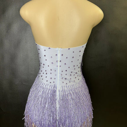 Sparkly Rhinestones Fringe Bodysuit Women Nightclub Party Dance Costume Stage Wear Sexy Tassel Leotard Performance Clothing 7G