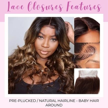 4x4 Lace Closure Body Wave 100% Brazilian Human Hair Soft & Silky Lace Closure Free Part T4/30 Ombre Brown