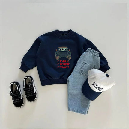 Little Car Print Sweatshirts Long-sleeved Tops Boys Child Fashion Casual Wear Round Neck Pullovers Green White Hoodie For Kids